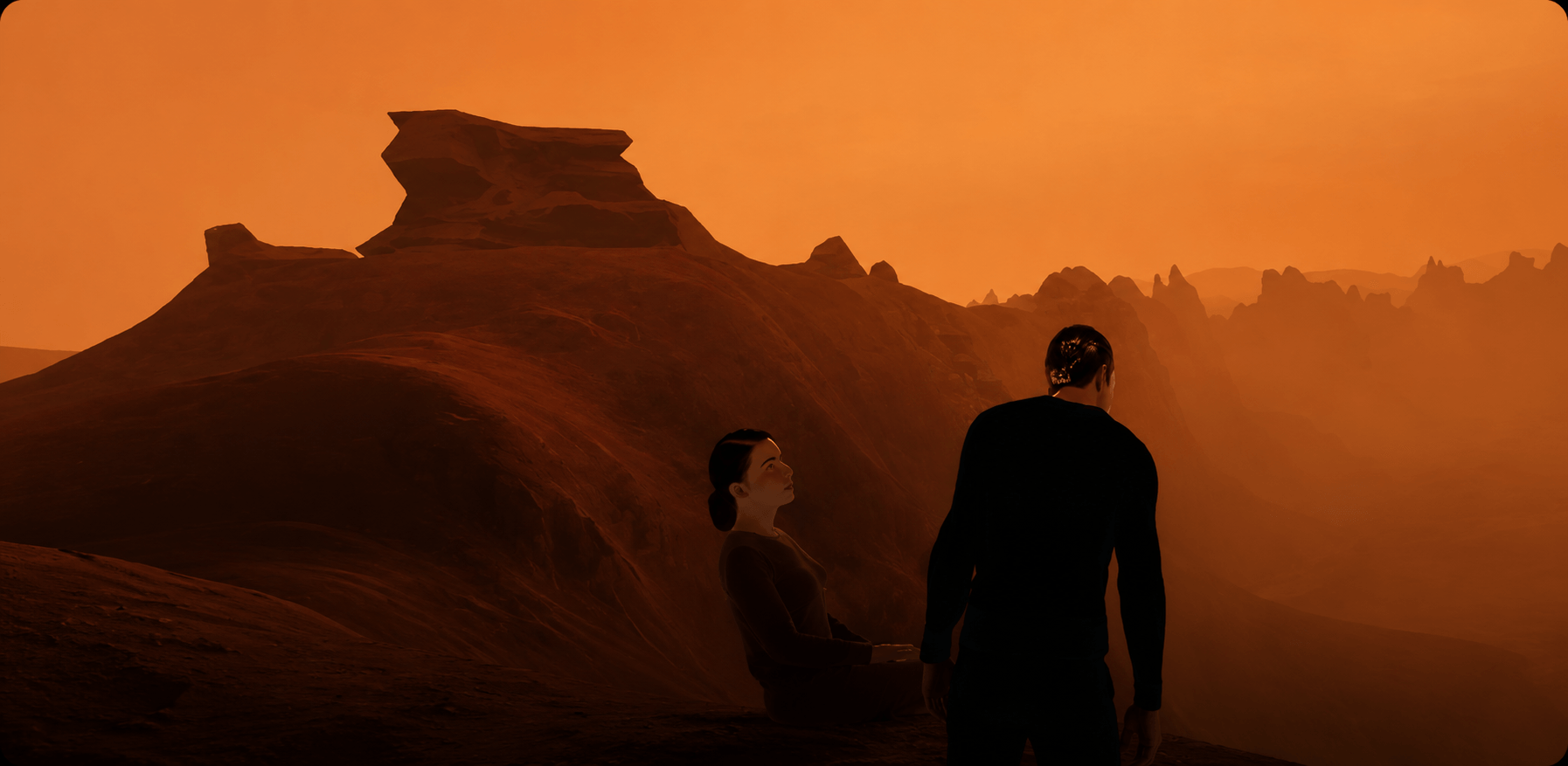 Two explorers in virtual reality facing a Martian landscape in The Echo of the Universe