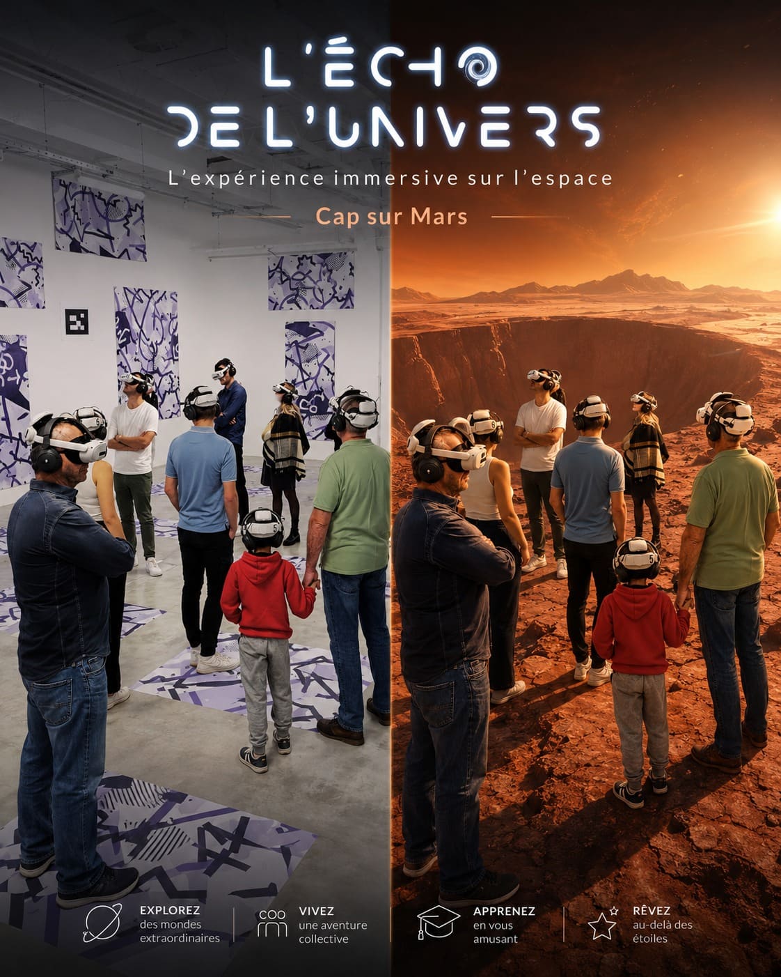 Family wearing VR headsets discovering Mars during The Echo of the Universe at Immersia